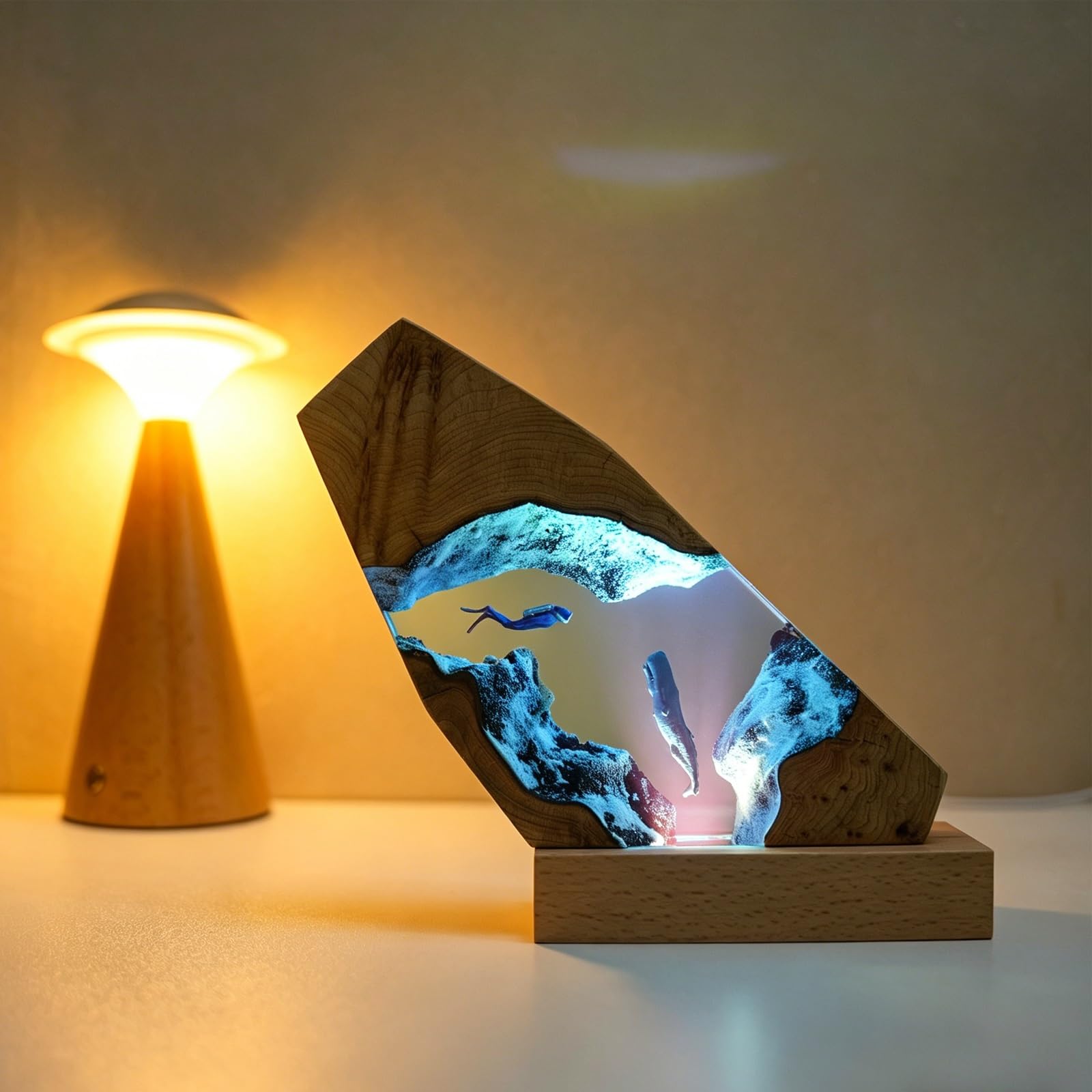 FGJtguE Woods lamp, Underwater Scuba Diver Night Light with Whale Shark, Dimmable LED Crystal Bedside Decor(B)