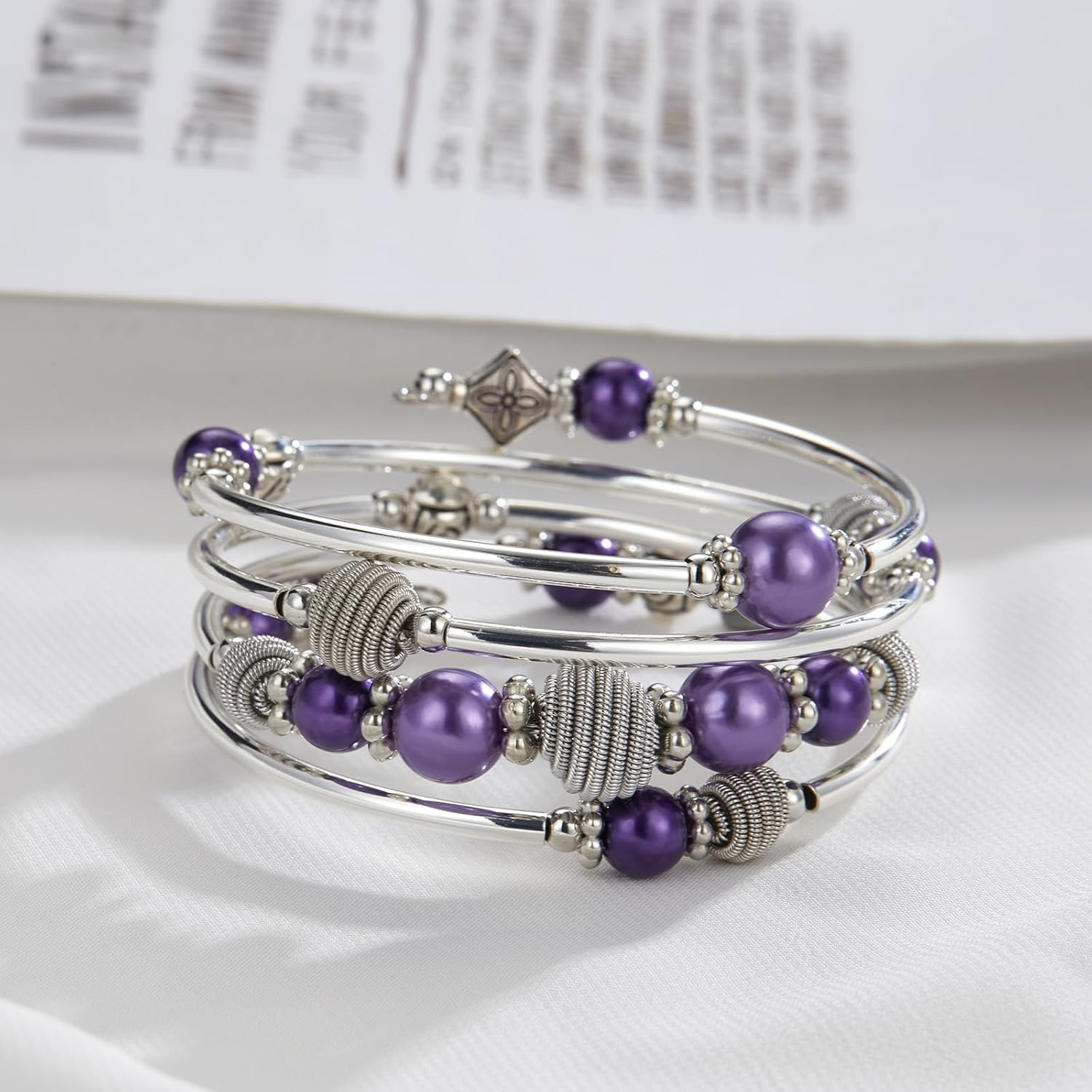 PEARL&CLUB Beaded Chakra Bangle Turquoise Bracelet - Fashion Jewelry Wrap Bracelet with Thick Silver Metal and Mala Beads, Birthday Gifts For Women - Image 4