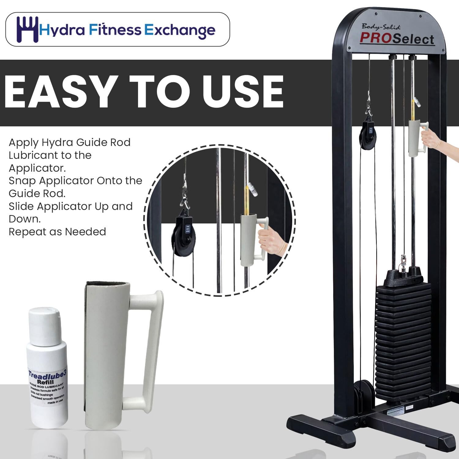 Hydra Fitness Exchange Guide Rod Lubricant with Applicator - by Treadlube - for All Home & Commercial Gyms - Grease-Less Formula, Easy to Use P/n Gdrd-app - Made in USA