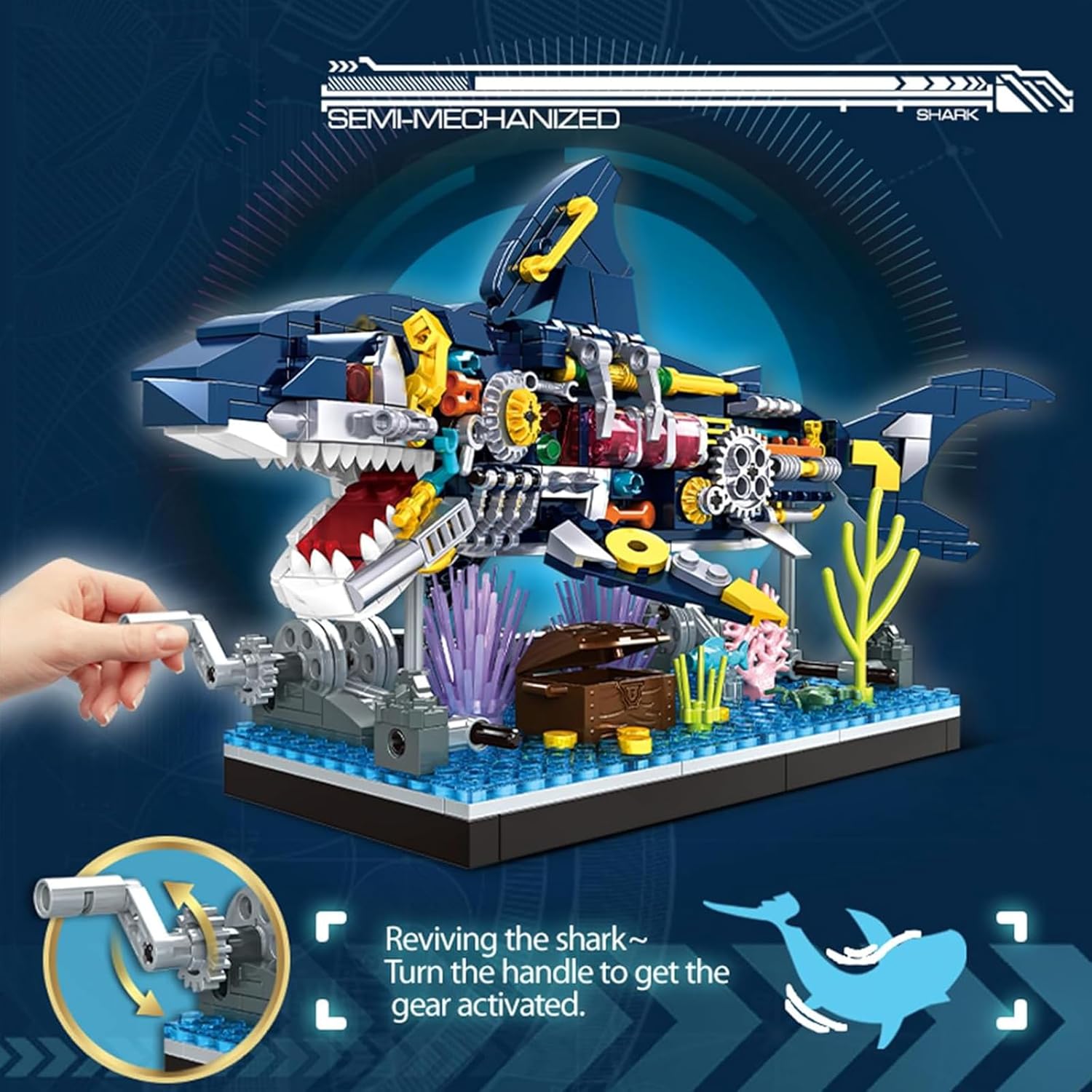 Shark Building Block Set, Ocean Building Set, Cool Mechanical Rotatable Shark Toys, Birthday Creative Ideas Gifts for Adults (499 Pcs)