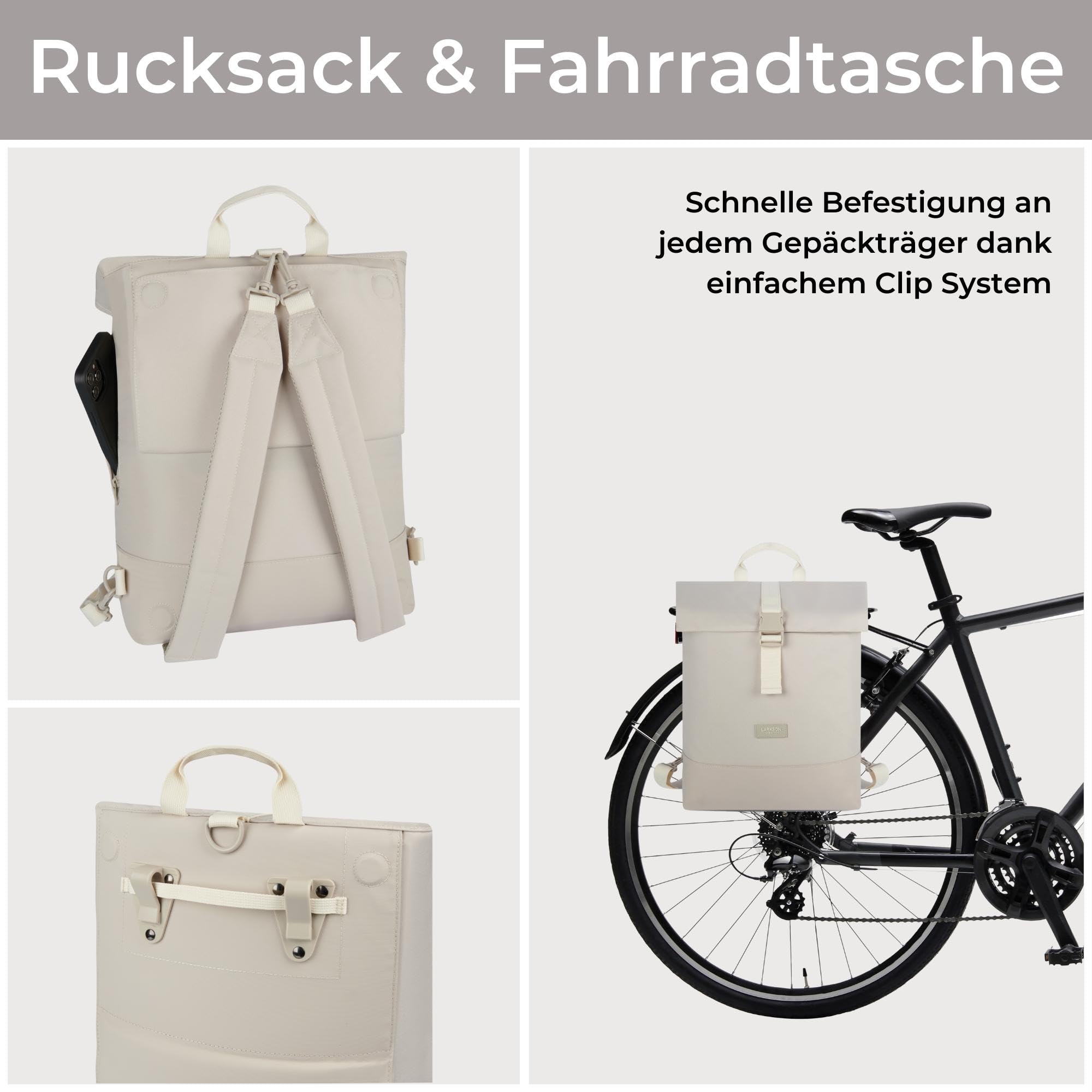 LARKSON Fahrradtaschen für Gepäckträger Damen Beige - Tammo Bike - 2 in 1 Fahrrad Tasche Rucksack & Gepäckträgertasche Hinten