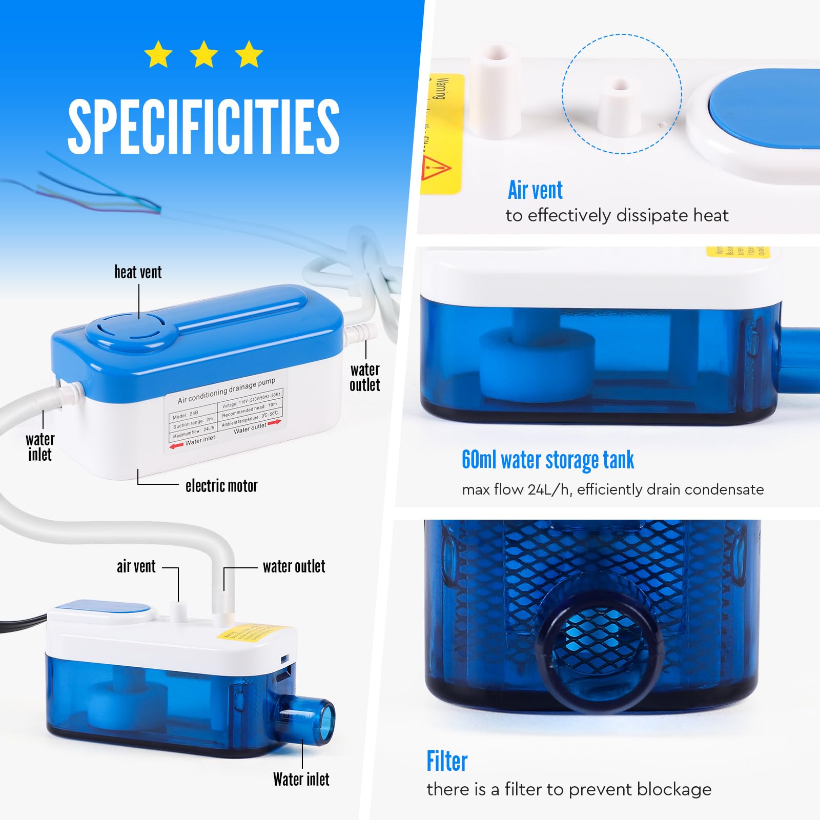 SWAWIS Pompe à Condensats Type Divisé pour Climatisation et Déshumidificateur, Pompe de Vidange pour Climatiseur 21dB Silencieuse avec 60ml Réservoir d'Eau, Débit Max 24L/h, pour Climatiseurs 8kW