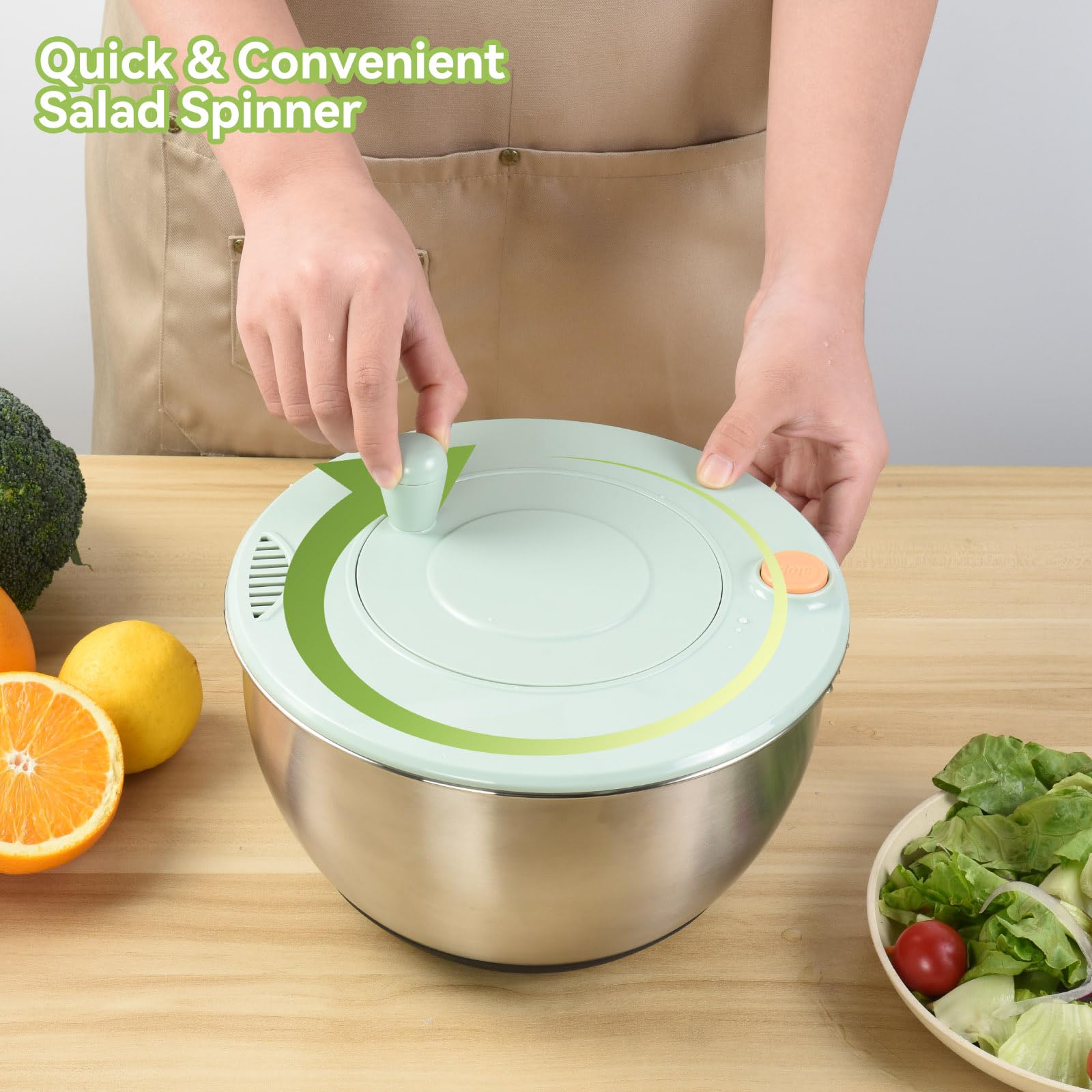 OTraki Centrifugadora Lechuga 5L en Acero Inoxidable, Escurridor Lechuga Grande Secador de Lechuga y Verduras con Base Antideslizante Apta para Lavavajillas, Lavar y Escurrir Las Ensaladas