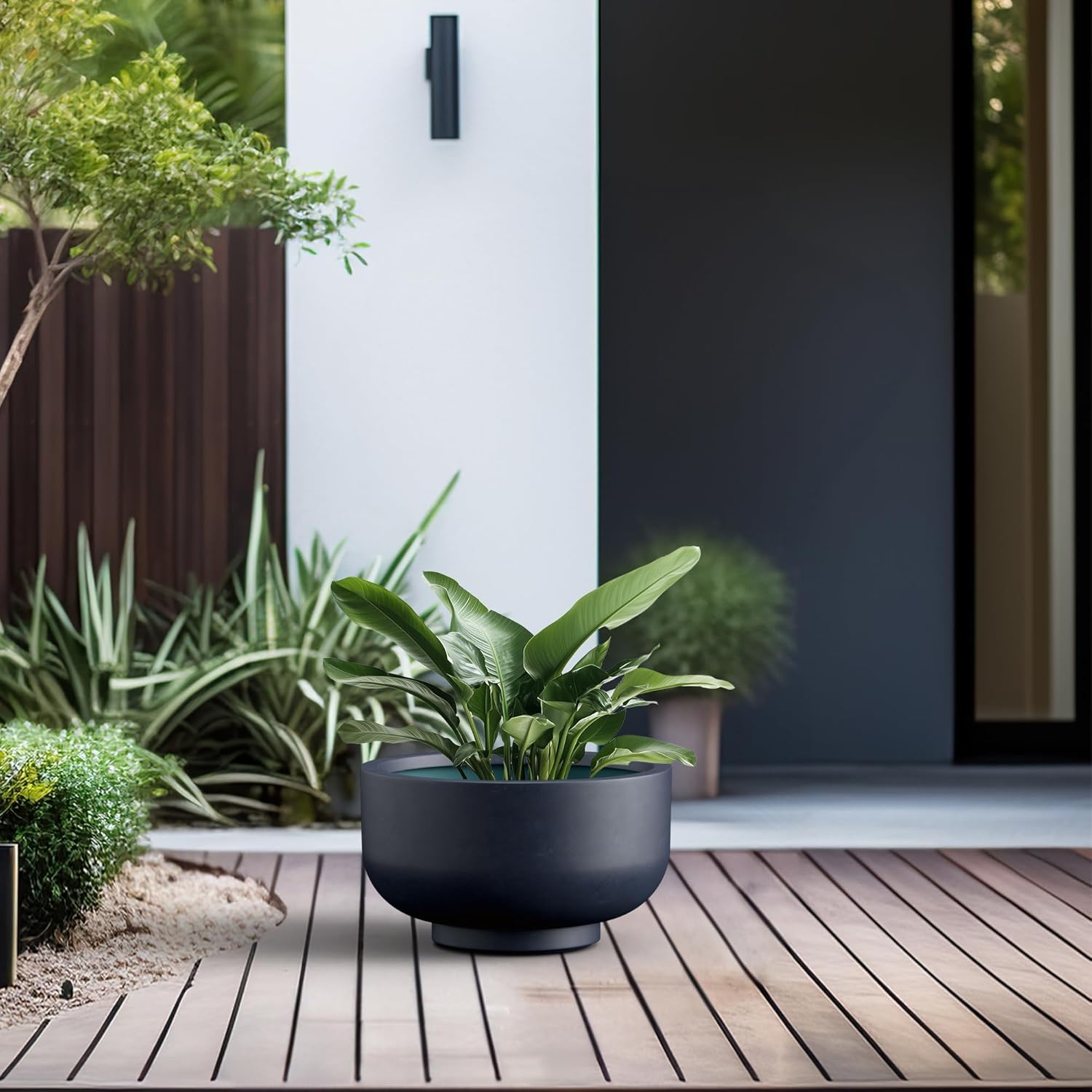 Kante 13.8 Inch Dia Concrete Bowl Planter, Large Tapered Bottom Plant Pot with Drainage, Smooth Charcoal Finish with Painted Interior, Ideal for Porch, Home, Garden, Patio