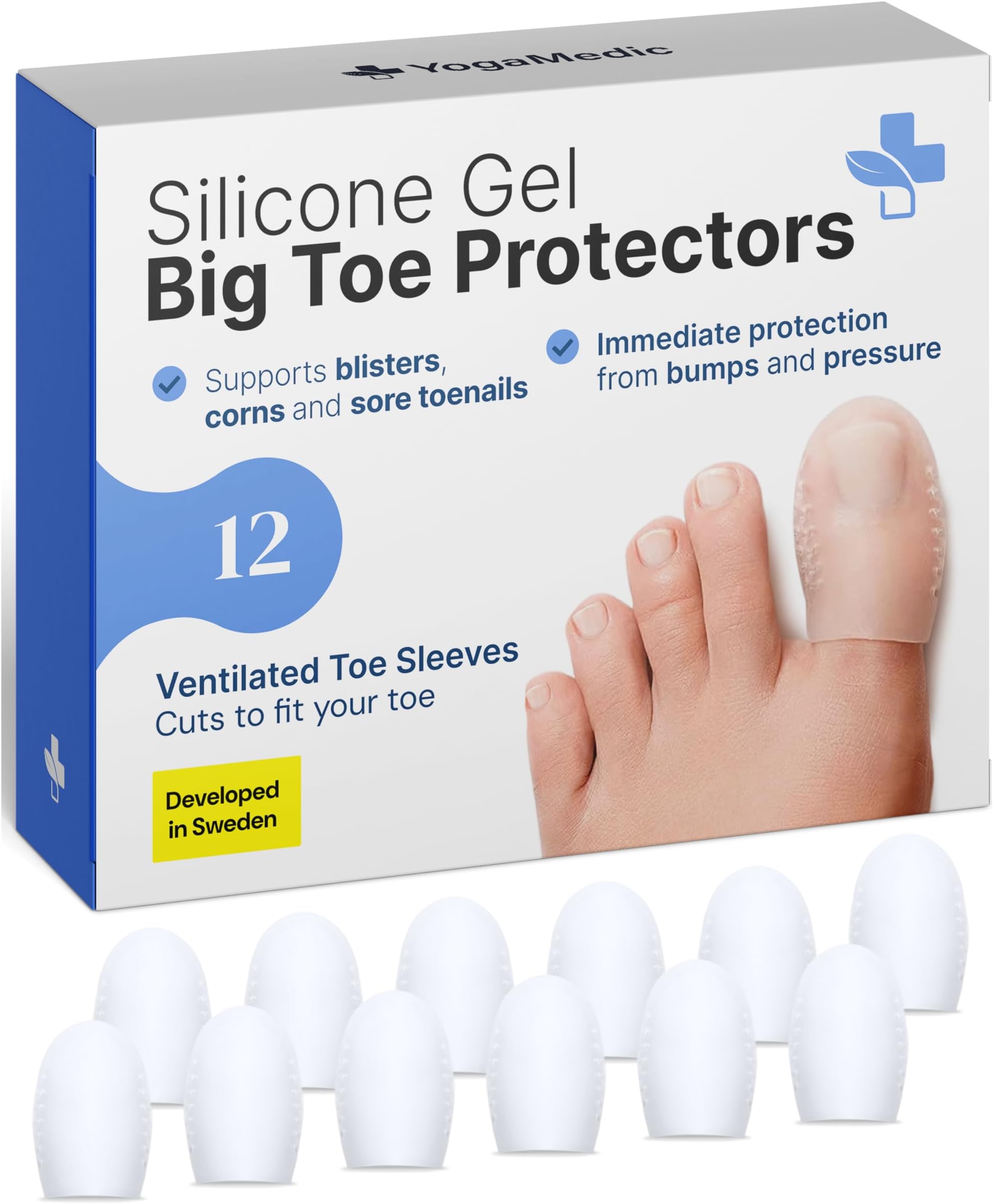 Yogamedic Silicone Big Toe Protectors - Pack of 12, Gel - Bunion Corrector & Toe Separators for Women - Ingrown Toenail Treatment & Gel Spacers