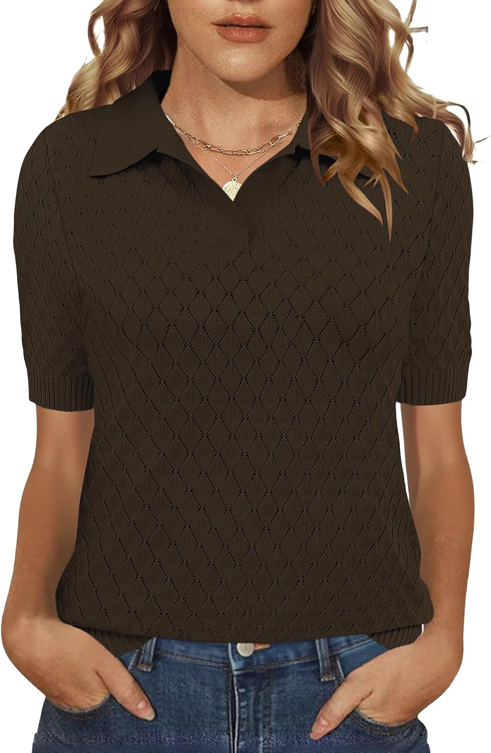 Rapbin Womens Short Sleeve Knit Polo Shirt Summer Spring Lightweight Sweater Top Business Casual