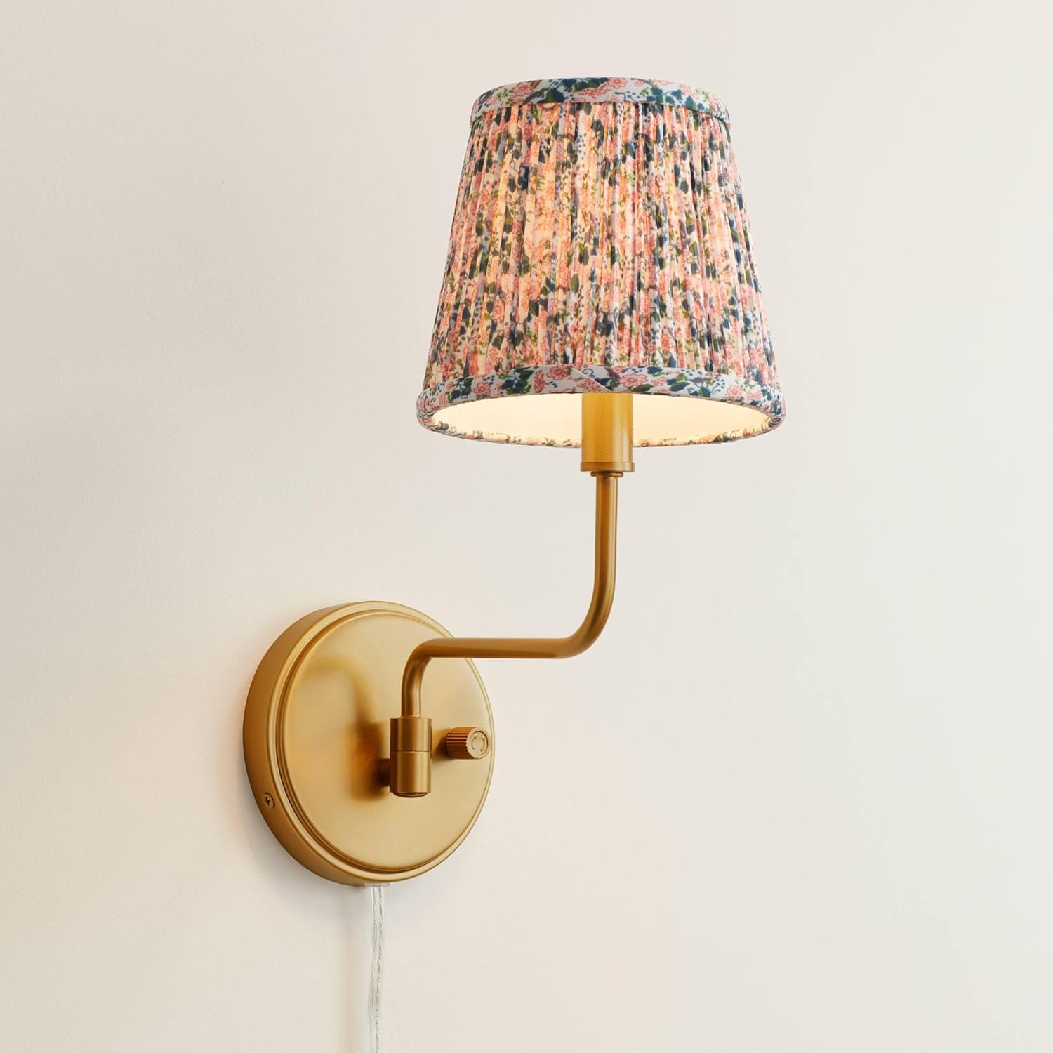 Possini Euro Design Emma 9 1/2" H Warm Brass Plug-in Cottage Core Wall Sconce Blue Pink Floral Shade