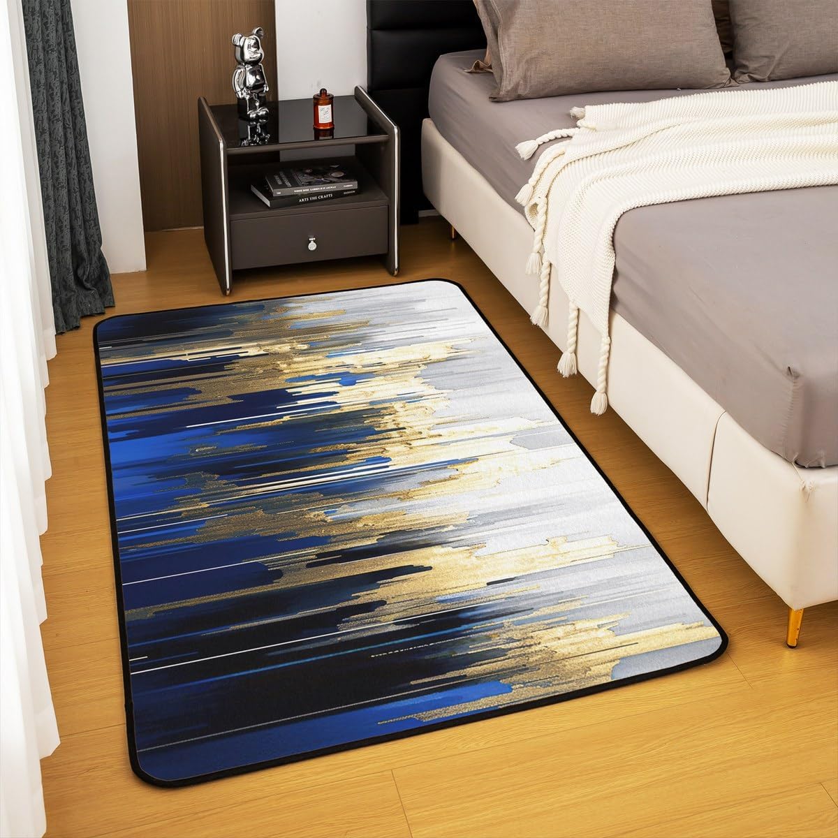 Erosebridal Abstract Art Accent Rug 5x7 Navy Gold Grey Rug, Stripe Area Rug