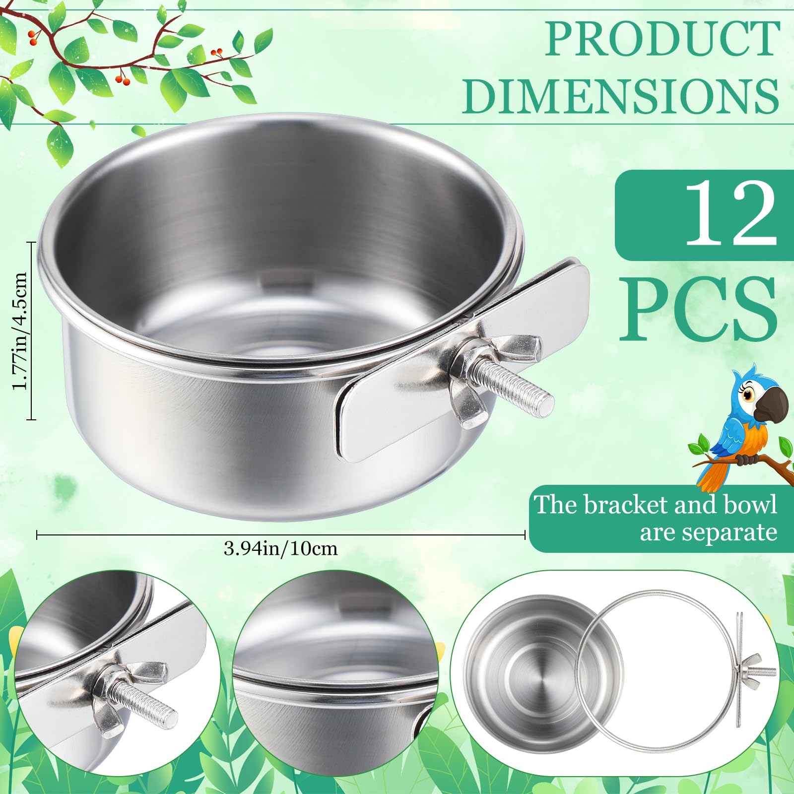 12 Pcs 10 oz Stainless Steel Bird Feeding Dish Cups Bird Feeder with Clamp Parrot Food Cups for Cage Pet Water Cage Bowls for Budgies Parakeet Cockatiel Small Animal - image 2