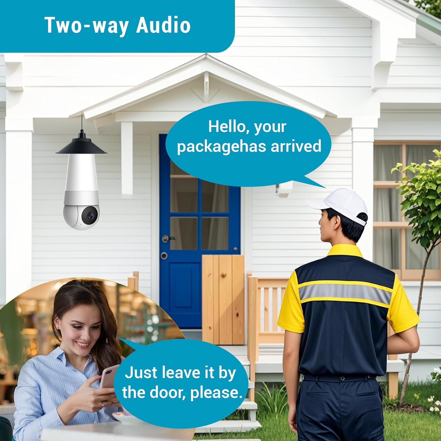 A scene depicting two-way audio functionality, with a person inside a house speaking through the camera to a delivery person outside.