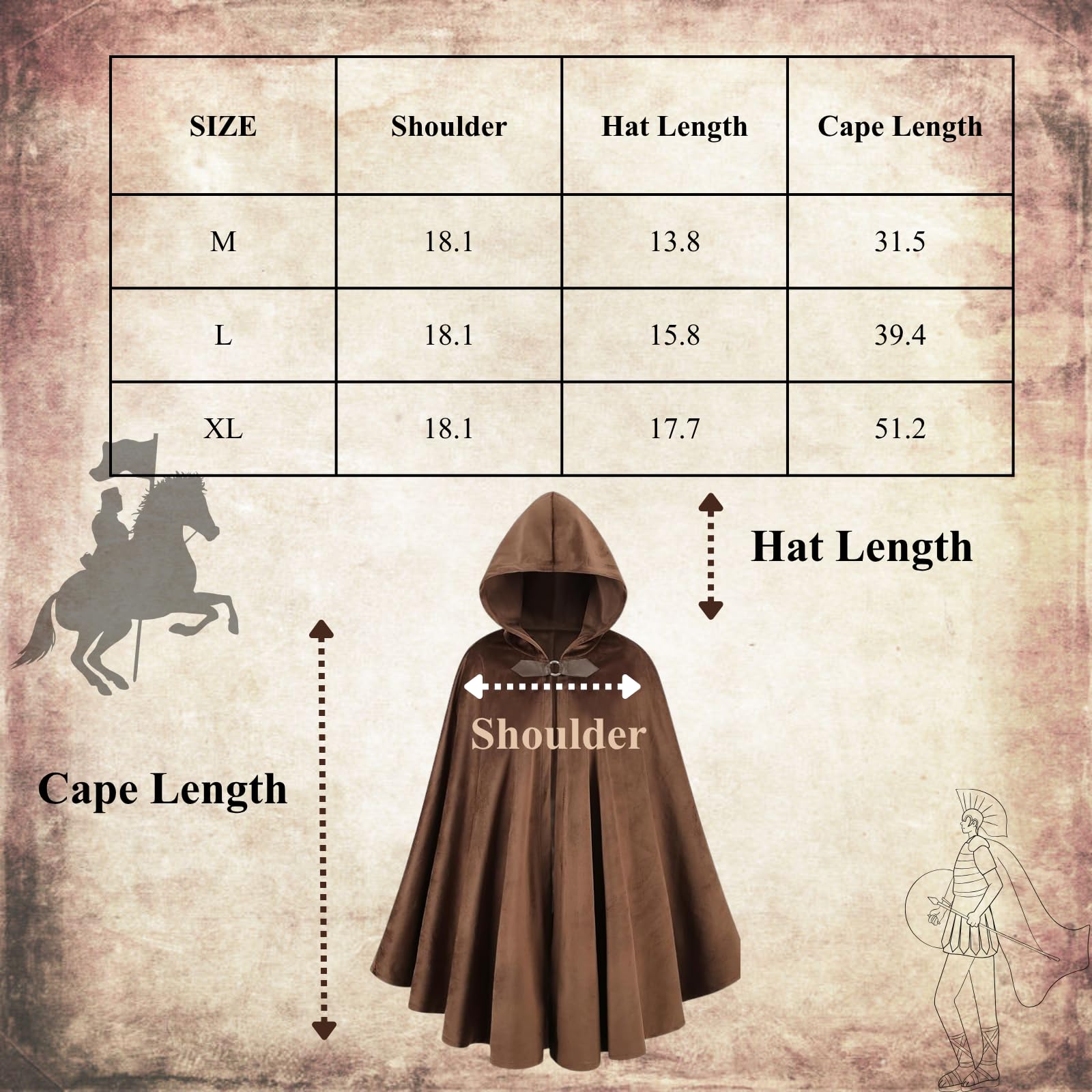 RRCBMD Mens Renaissance Medieval Hooded Cloak Victorian Steampunk Costume Cosplay Brown-100CM, Brown 1 - Image 3