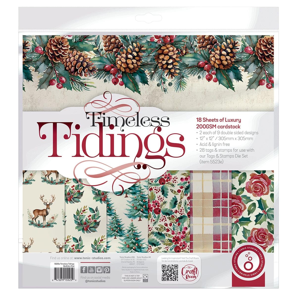 Tonic Studios Timeless Tidings, Christmas Scrapbook Paper 12 x 12", Craft Paper Pad, 18x Patterned Cardstock 200 GSM