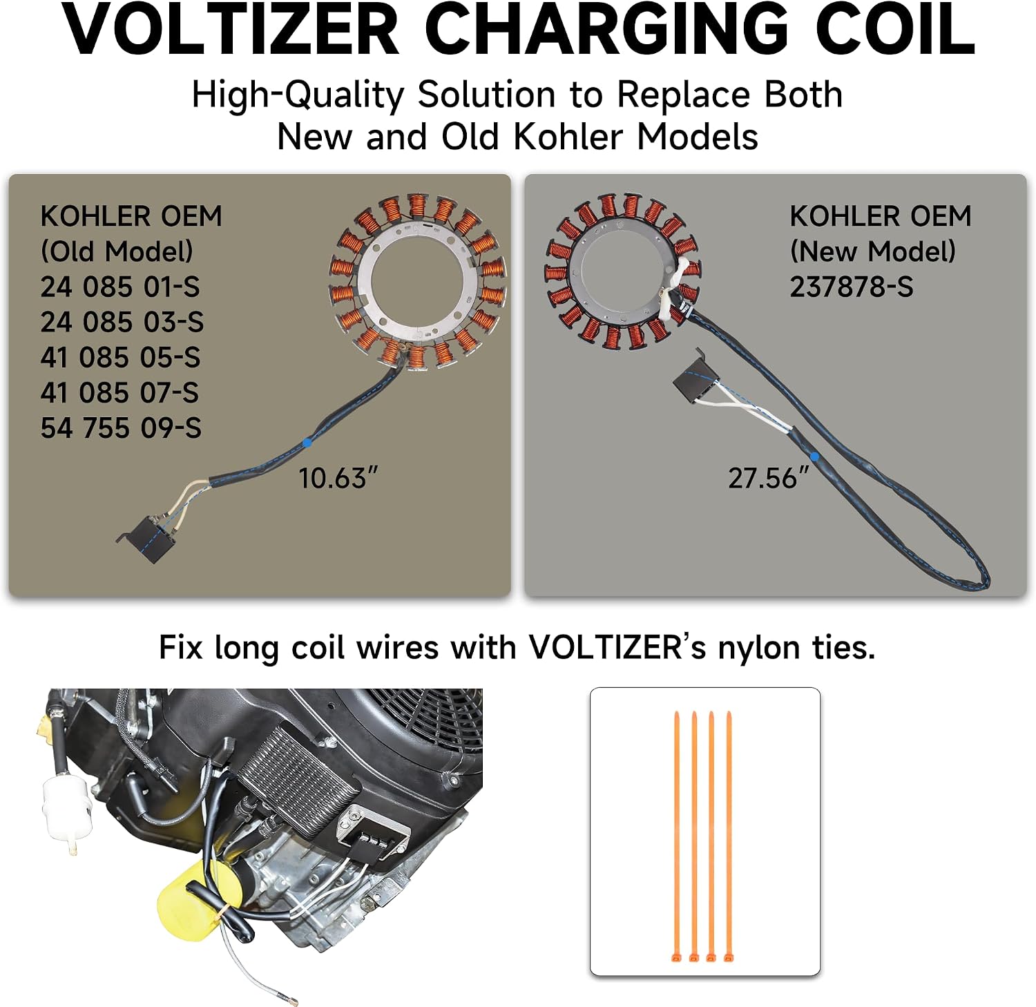 VOLTIZER Upgraded 237878-S 15/20 AMP Stator Kit with Connector for Kohler 15–27HP Engines, High-Efficiency Silicon Steel Construction, Stable Charging Performance,Fits CH & CV Series,Engine-Tested