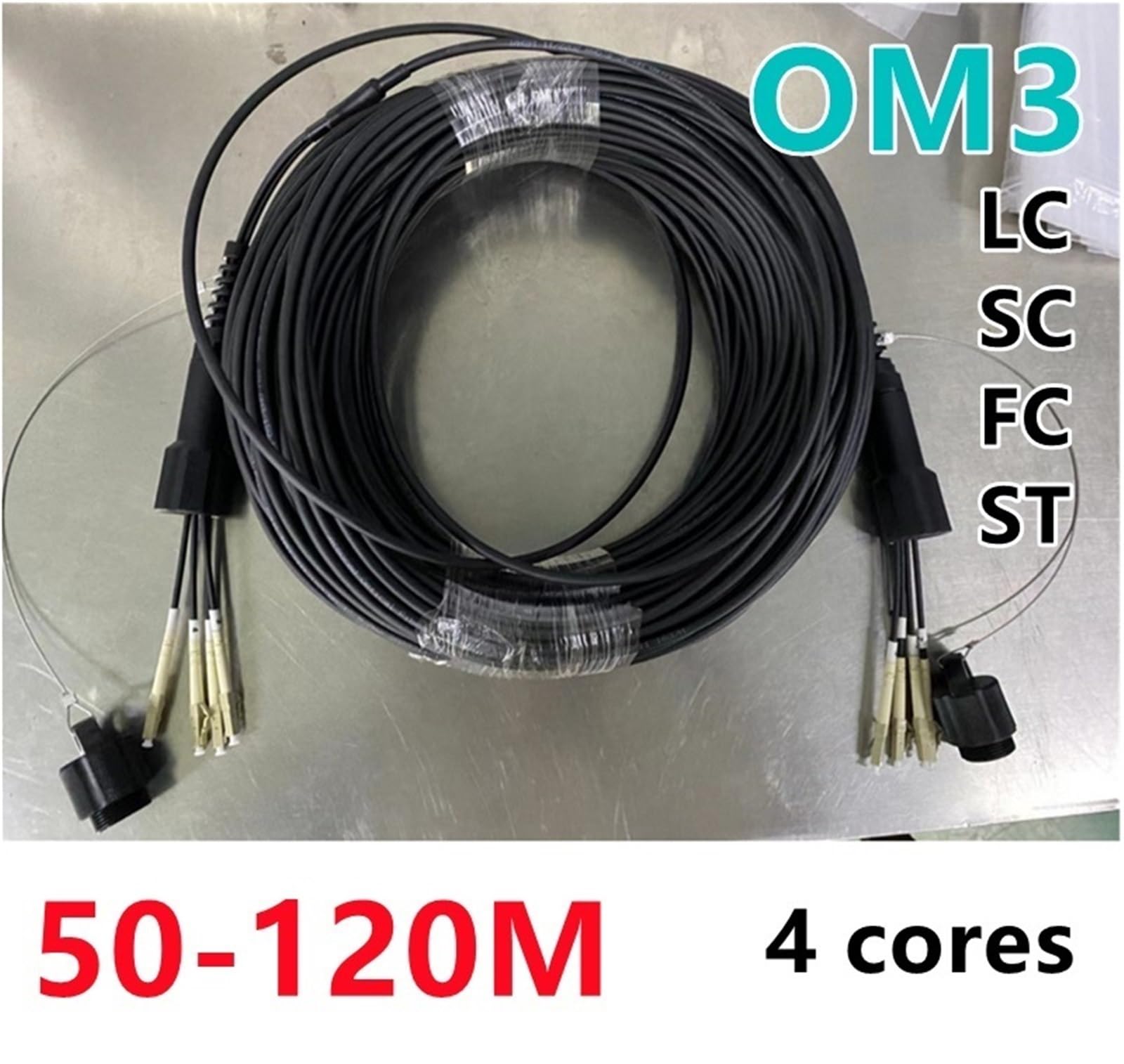 50 m, 60 m, 70 m, 80 m, 100 m, 120 m, 4C, SC, LC, FC, ST, multimode 4 fibres, OM3, TPU, câble à fibre optique blindé, extérieur, 100 m SC-SC