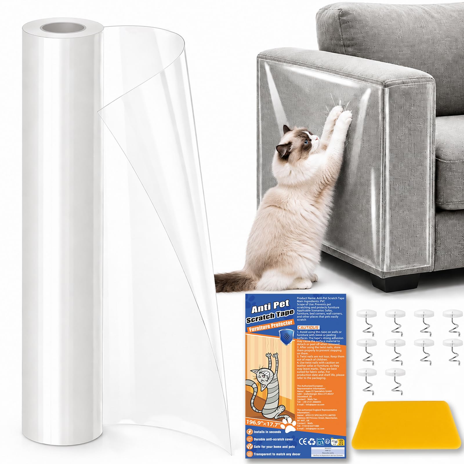 View 1 of 196.9" x 17.7" Anti Cat Scratch Furniture Protector, Clear Couch Protector from Cat Claws, Self-Adhesive Anti Scratch Cats Tape for Furniture with Twist Pins and Scraper