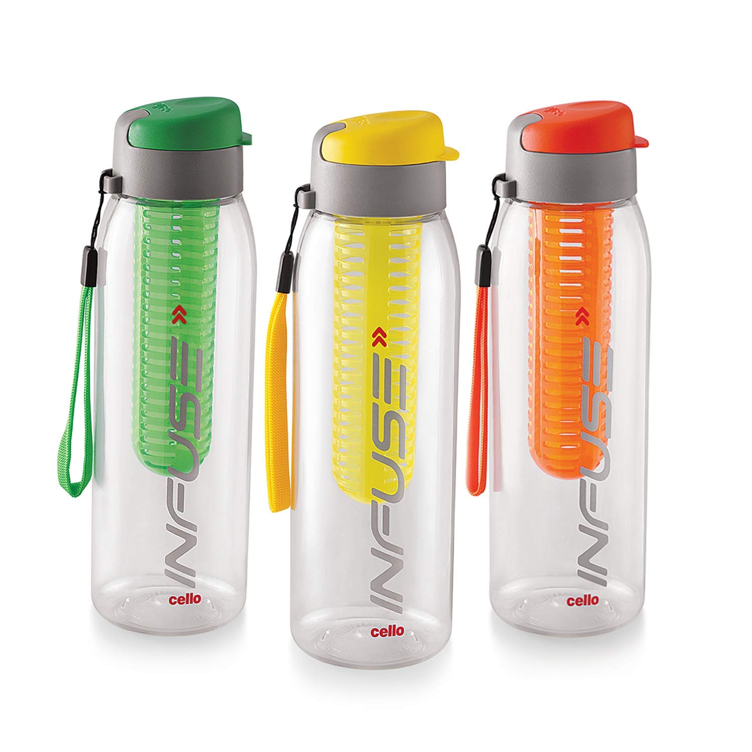 CELLO Infuse Plastic Water Bottle, 800 ml, Set of 3, Assorted Colors | Detox Bottle with Infuser Chamber | Leakproof Plastic Bottle with Wide Mouth Opening | Ideal for Gym, Office, Travel