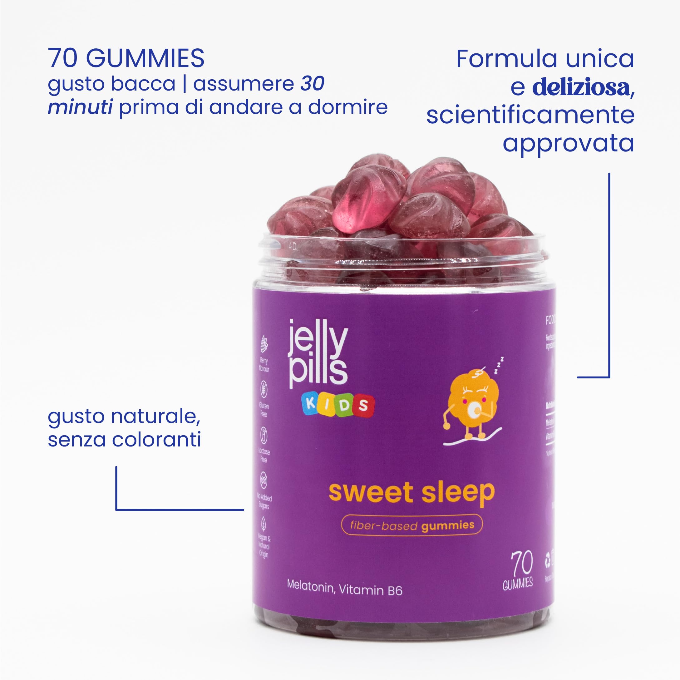Jelly Pills Gummies Melatonina Bambini 0,5 mg + Vitamina B6-70 Gummies Vegane per 2 mesi - Senza Zuccheri Aggiunti - Gusto Frutti di Bosco Naturale