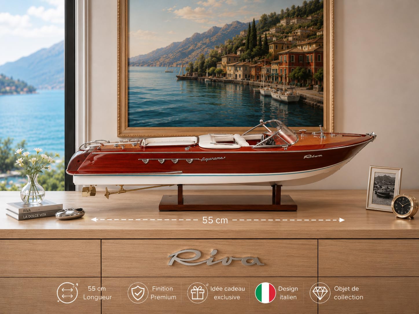 Modellino in legno del motoscafo Riva Aquarama, 55 cm, completamente assemblato