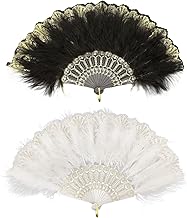 2 Pieces Black White 1920s Feather Fan, Embroidered Flower Marabou Feather Fan, 1920s Marabou Feather Fan, Feather Flapper Fan, Great Gatsby Party Accessory