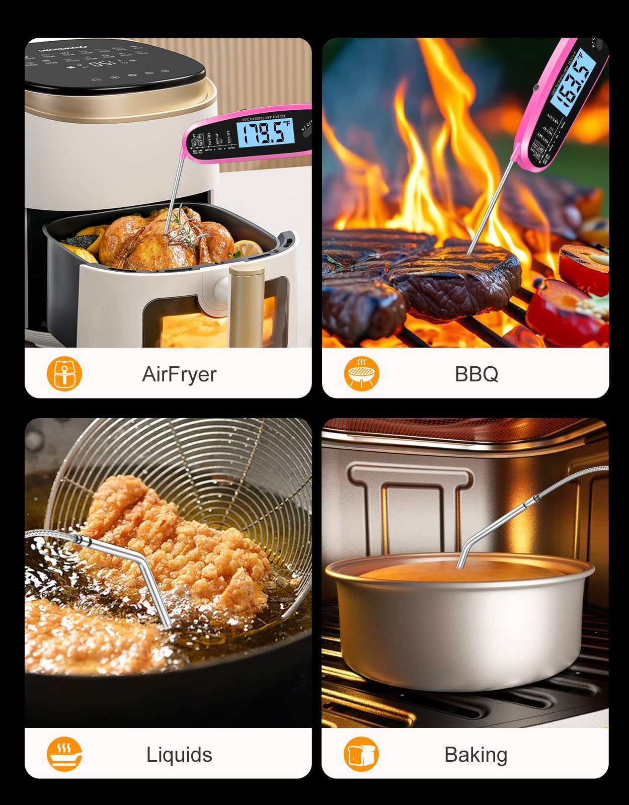 Termómetro digital de carne de lectura instantánea para cocinar y asar con doble sonda, pantalla retroiluminada grande y calibración automática, termómetro de alimentos para parrilla, ahumador
