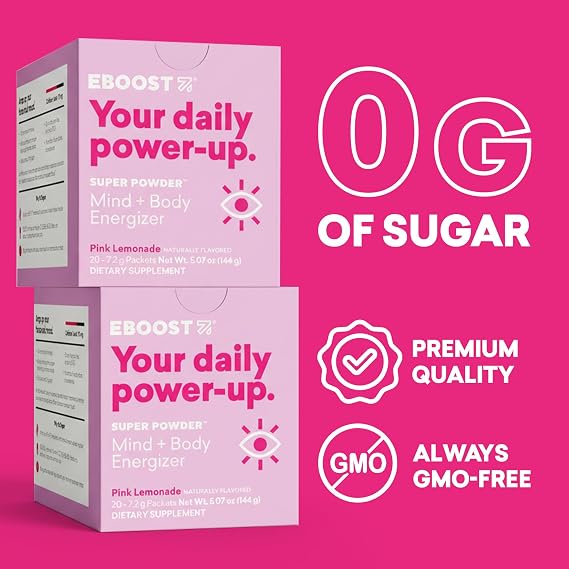 EBOOST Super Powder Drink Mix - Pink Lemonade 0.2 oz 20 Pack Hydration Energizer Electrolytes Powder - 13 Vitamins & Minerals - 110 mg Caffeine - 0 Added Sugar - No Artificial Flavors or Sweeteners