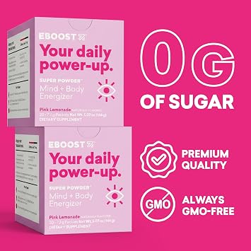 EBOOST Super Powder Drink Mix - Pink Lemonade 0.2 oz 20 Pack Hydration Energizer Electrolytes Powder - 13 Vitamins & Minerals - 110 mg Caffeine - 0 Added Sugar - No Artificial Flavors or Sweeteners