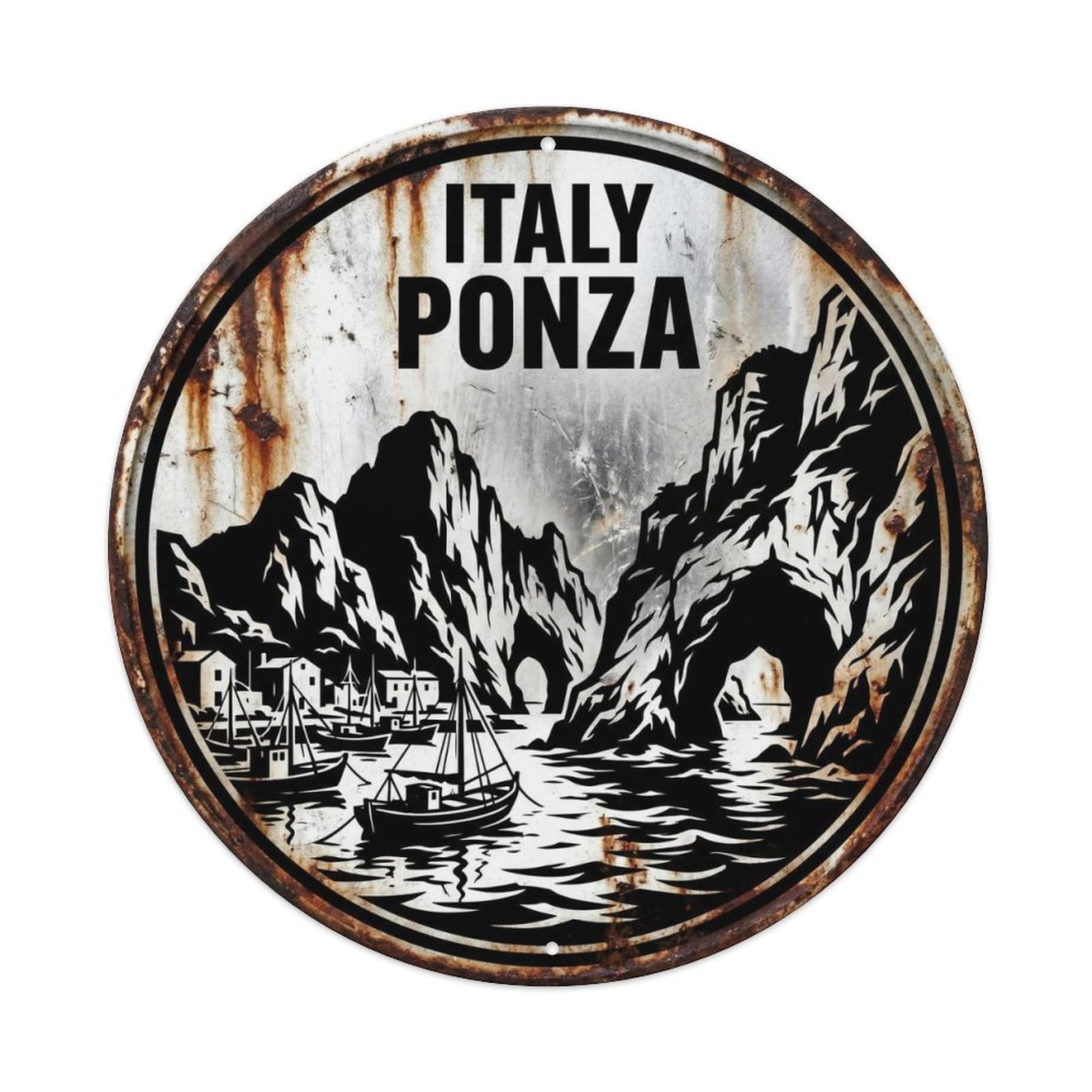 Ponza Cliffs Italian Graphic Contrast Coastal Travel Metal Tin Sign