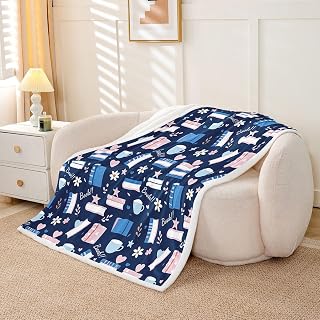 Manfei Cute Coffee Cup Bed Blankets Kids Room Decor 40x50 inches | Book Heart Daisy Print Fuzzy Blanket for Sofa Couch All Season Bookish Style Flannel Fleece Blankets for Boys,Navy Pink