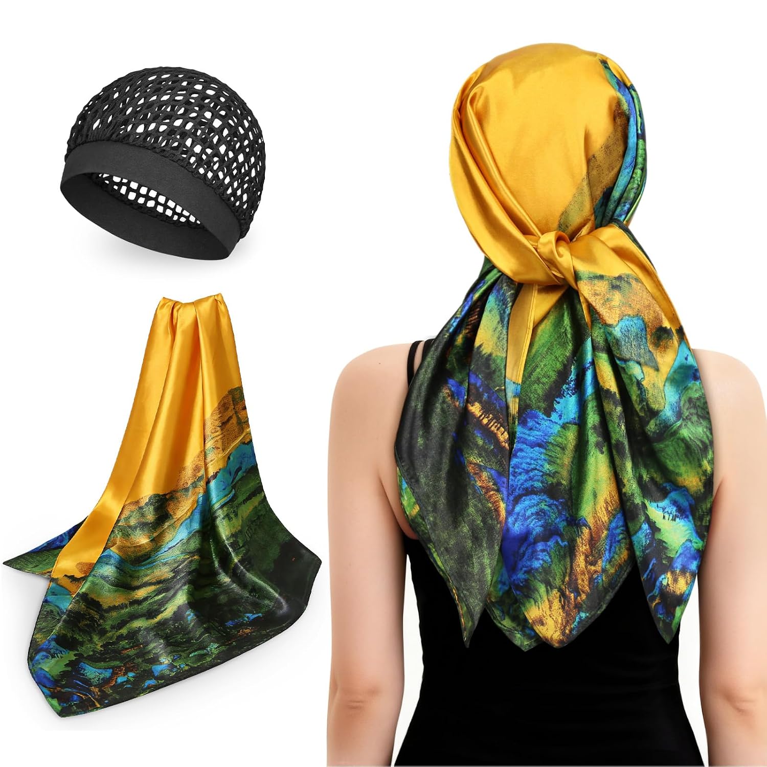 Hair Net for Silk Press with Silk Hair Wrap, Wrap Cap Hair Net and Scarf Set, Satin Head Scarf for Sleeping
