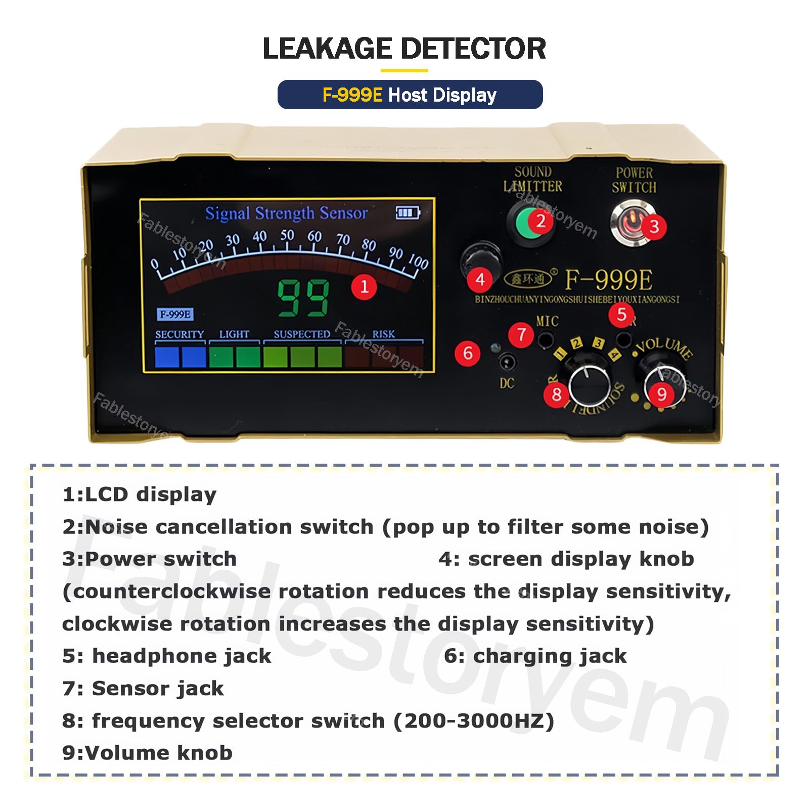 Detector de Fugas de Agua, Sensor de Fugas de Agua de Tubería Subterránea con 4 Engranajes Ajustables para Calefacción de Suelo a Gas, Detección de Fugas de Agua, Reducción de Residuos,F999E