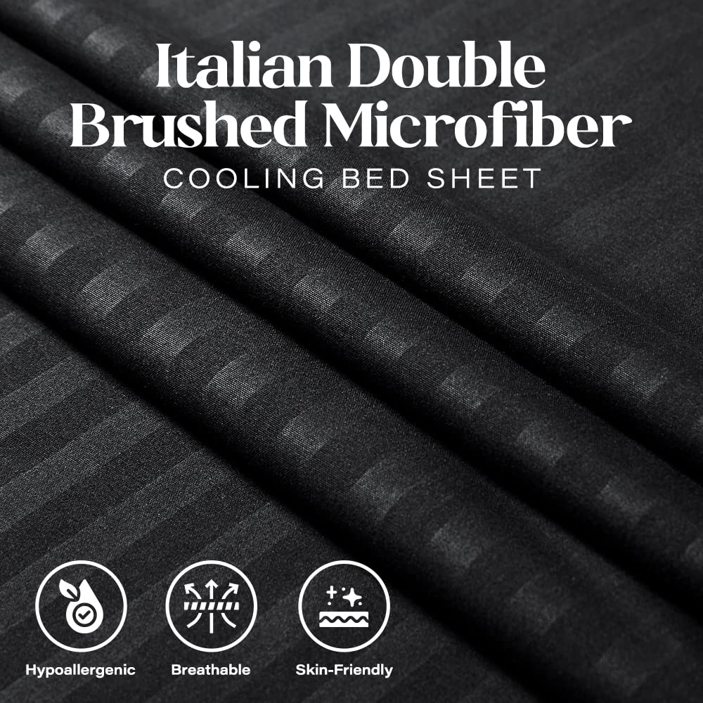 Queen Italian Prestige Collection - Set di lenzuola a righe in microfibra morbida di lusso, con tasca profonda, 4 pezzi, resistente alle pieghe, alle macchie, allo sbiadimento, colore: nero