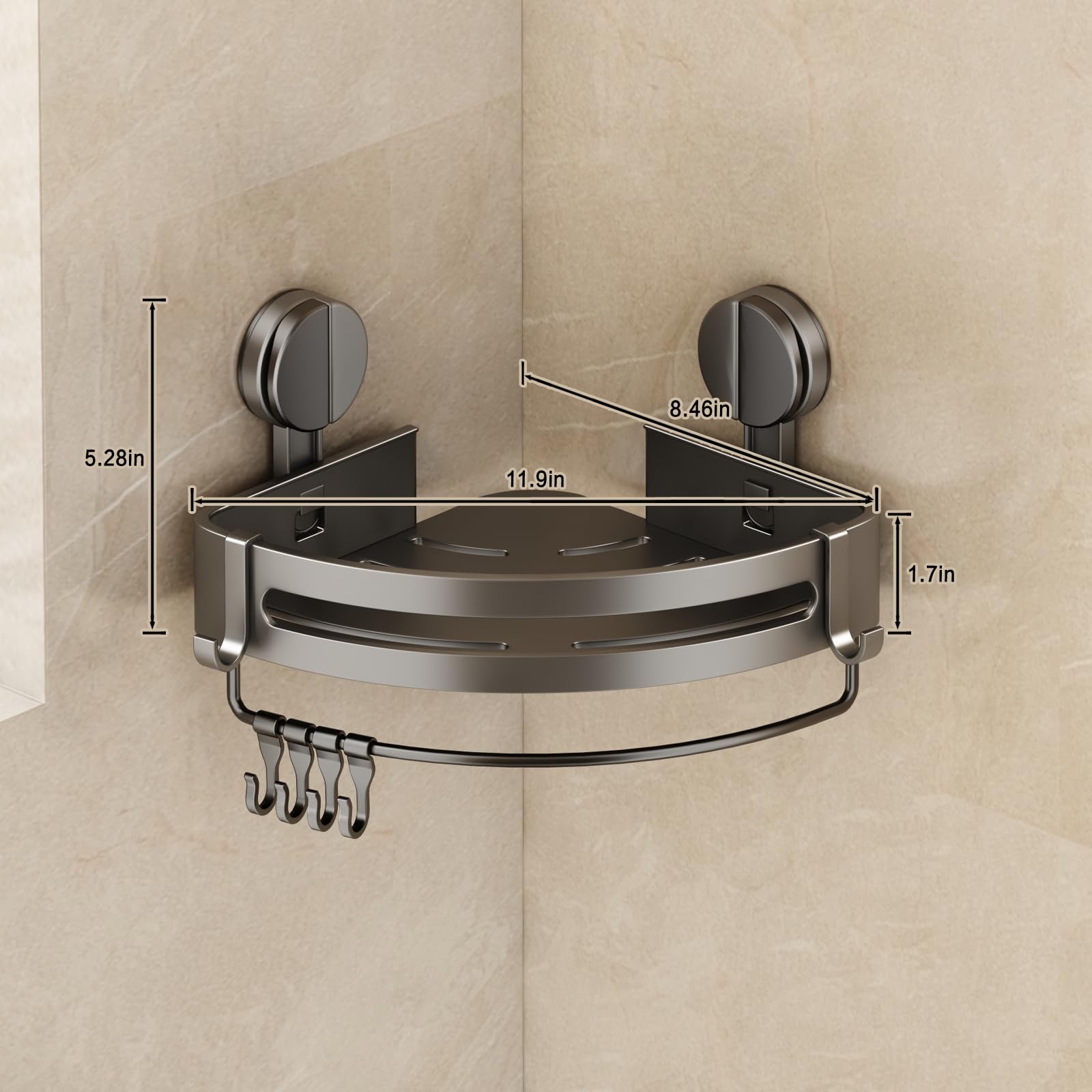 VOLPONE 2 Pack Shower Caddy Suction Cup, Corner Shower Shelves No Drilling, Showers Organizer Storage with Towel Bar & Removable Hooks, Bathroom Shower Shelf Rack for Inside Showers, Triangle - 3