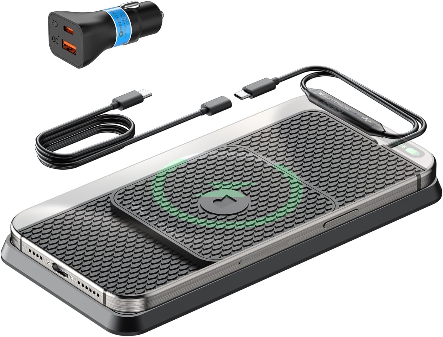 Wireless Car Charging Pad, Reestecqi 15W Fast Wireless Car Charger Pad Non Slip Charging Mat with 30cm Cable and 70cm Extension Compatible with iPhone 16 Pro/15/14/13 AirPods Samsung Google
