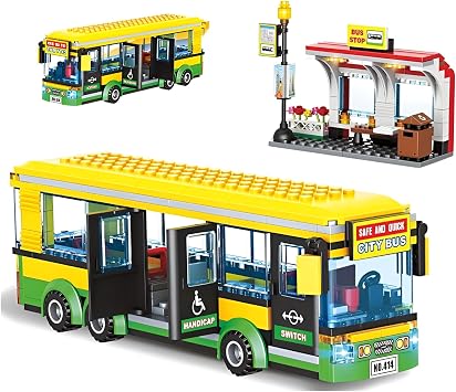 City Bus Building Blocks Set, 386PCS Pushable Bus with Station Platform