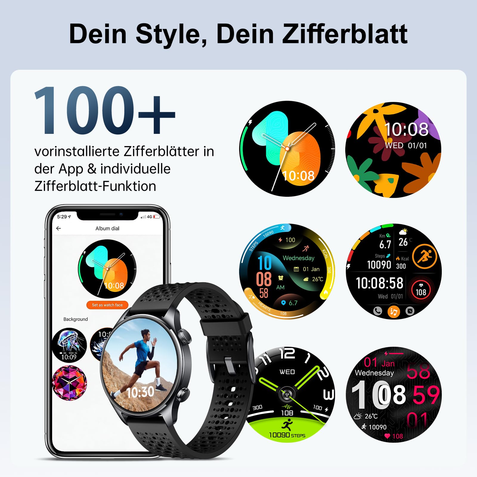 Smartwatch Herren mit GPS 30m Wasserdicht, Laufuhr für Android und iOS Blau | Herren Fitness Uhr Bluetooth Anruf Zolovip 1,44 Zoll AMOLED Rundes Display, Herzfrequenz/Schlaf/SpO2-Monitor, 100+ Sportmodi