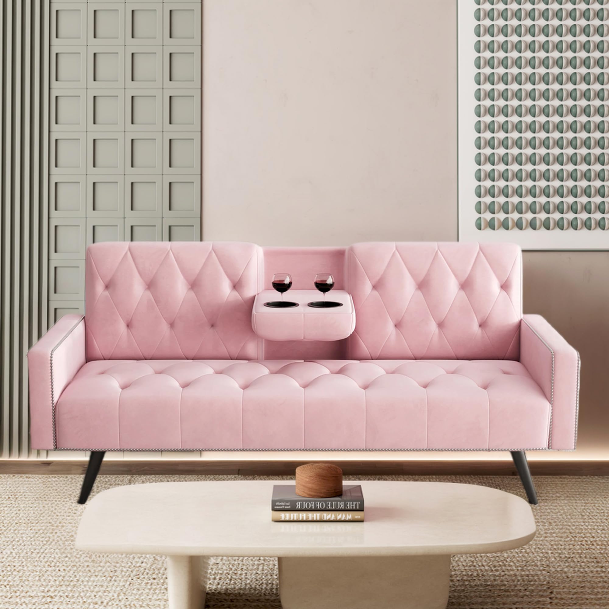 Anwick Modern Velvet 2 in 1 Futon Sofa Bed,Convertible Folding Sleeper Bed Couches with 2 Pillows,73" Tufted Recliner Love Seat with Golden Chrome Legs for Living Room Apartment Office (Pink)