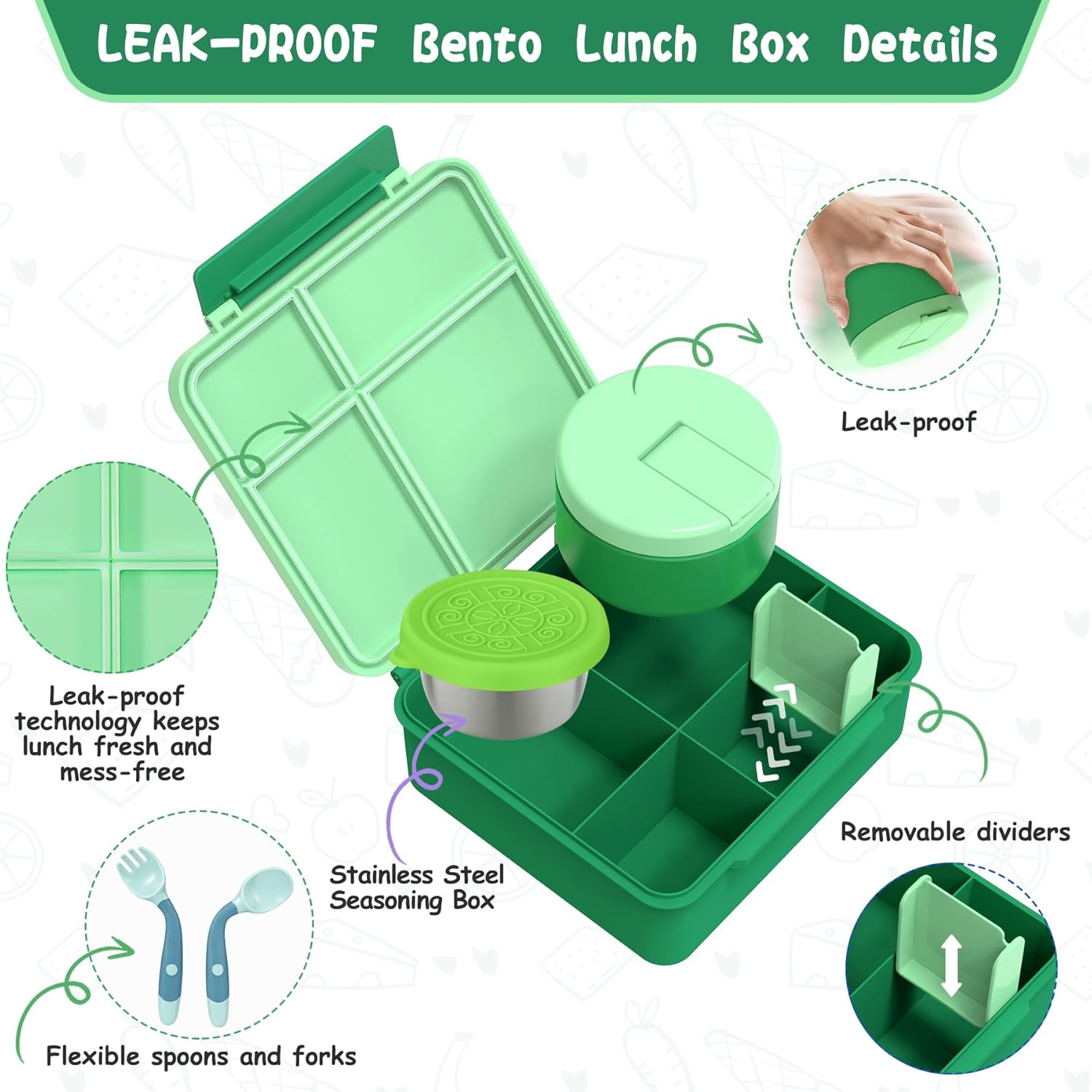 Kids Bento Lunch Box with 8oz Soup Thermo, Kids Leakproof Lunch Food Containers with 4 Compartment,Insulated Hot Food Jar with Lunch Bag for School, Travel (Green) - Image 5