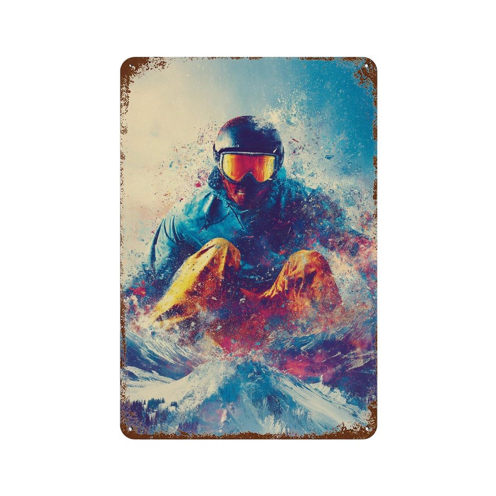 Snowboarder's Thrill Mountain Adventure Rust Effect Tin Sign 11.8"x7.9", Vintage Wall Decor for Garage, Pub Or Kitchen