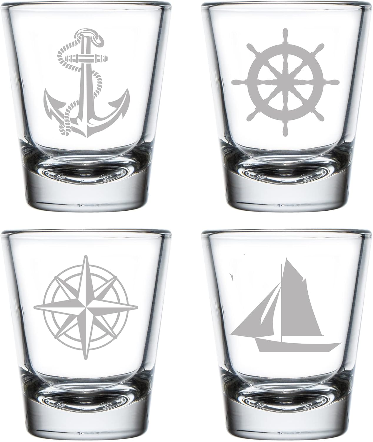 MIP Brand Set of 4 Shot Glasses 1.75oz Shot Glass Anchor Boat Compass Nautical Collection