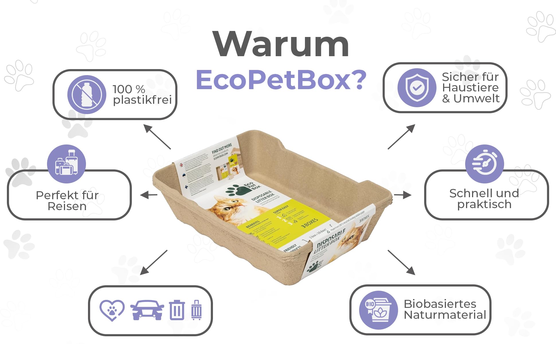 EcoPetBox – Recyclebare Katzentoilette Set – 6 große Einweg Bio-Katzenklos, 5 kg Natur-Katzenstreu, 3 Schaufeln, biologisch abbaubar & plastikfrei – Hygienisch, geruchshemmend & sofort einsatzbereit