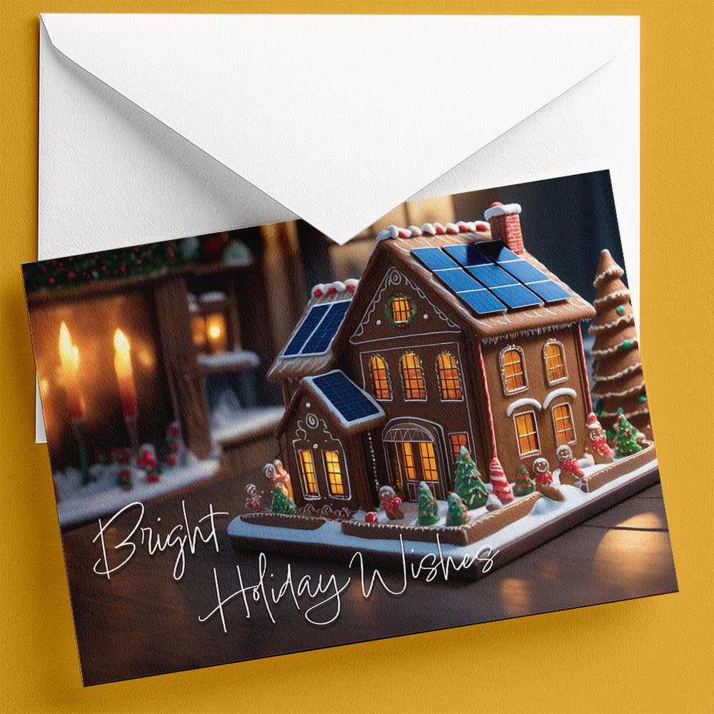 Solar Weihnachtsgrußkarten - 50er-Pack Großpackung Firmenfeiertagskarten für Solarenergieunternehmen, grüne und saubere Energieunternehmen, Lebkuchenhaus-Panel-Design
