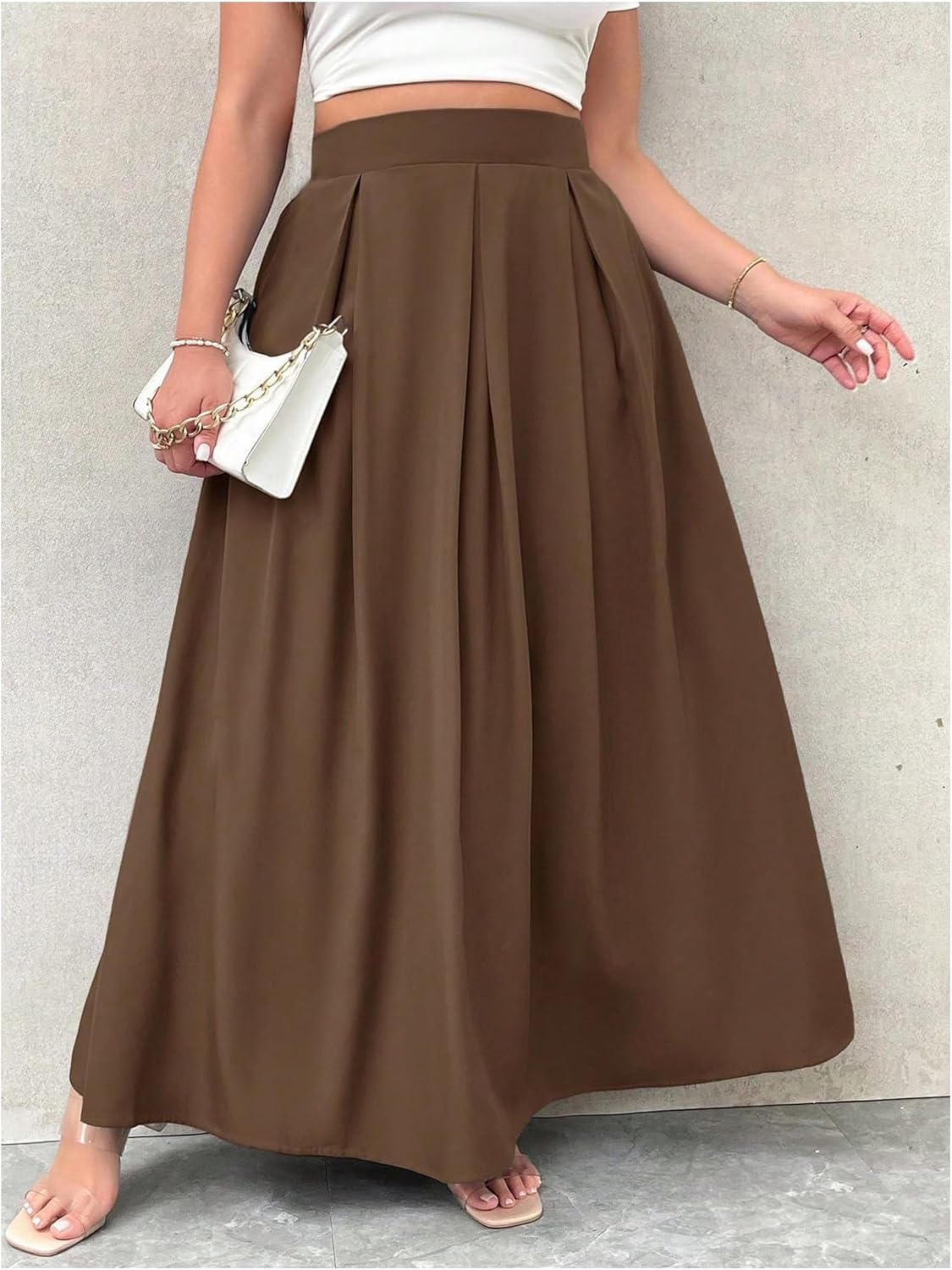 GORGLITTER Women's Plus Size Maxi Skirt Dressy Casual Pleated High Waisted A Line Long Skirts with Pockets