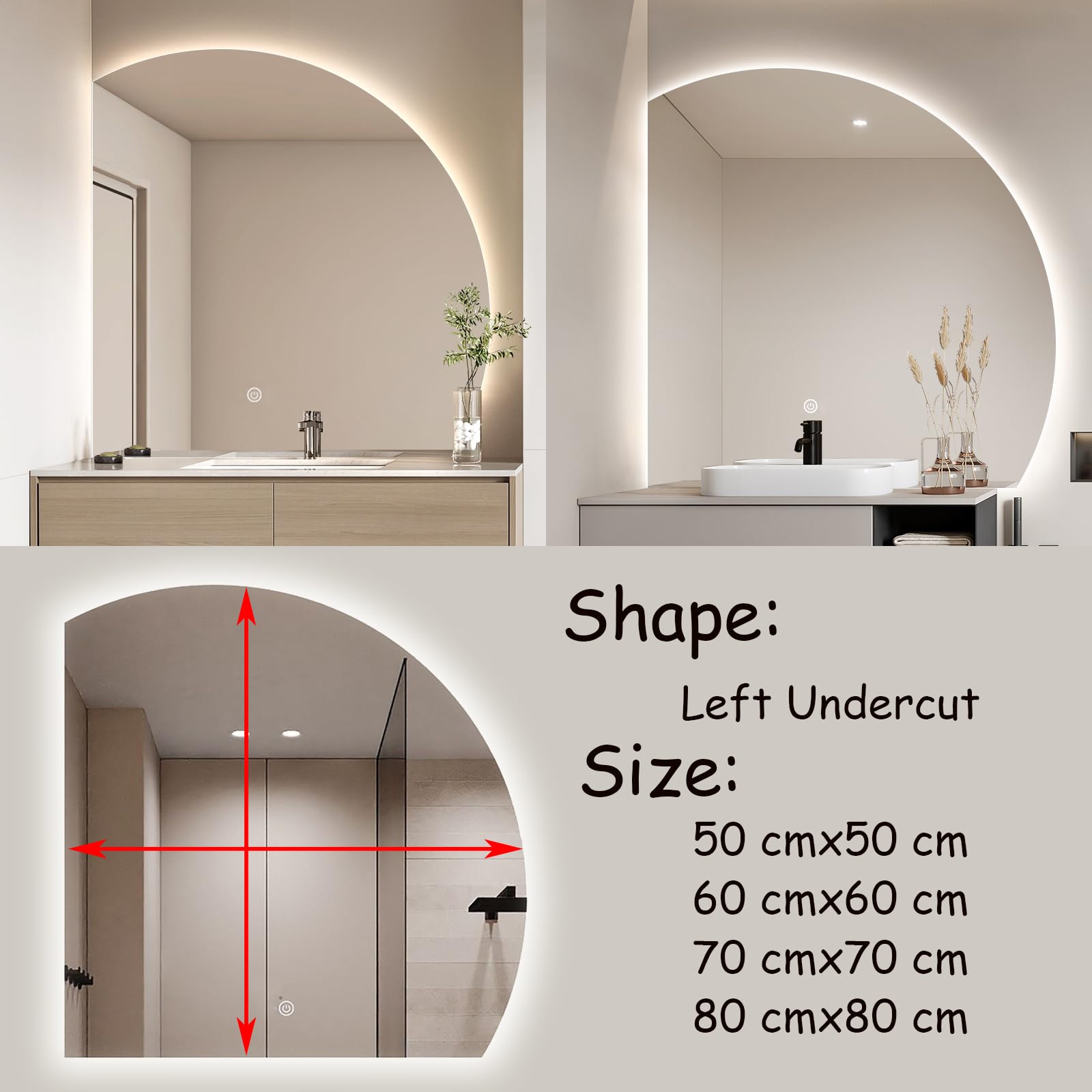 Specchio Espejo de baño LED semicircular sin marco de 80 cm, espejo de tocador de pared retroiluminado con control táctil, espejo de maquillaje inteligente con 3 colores regulables para baños mod