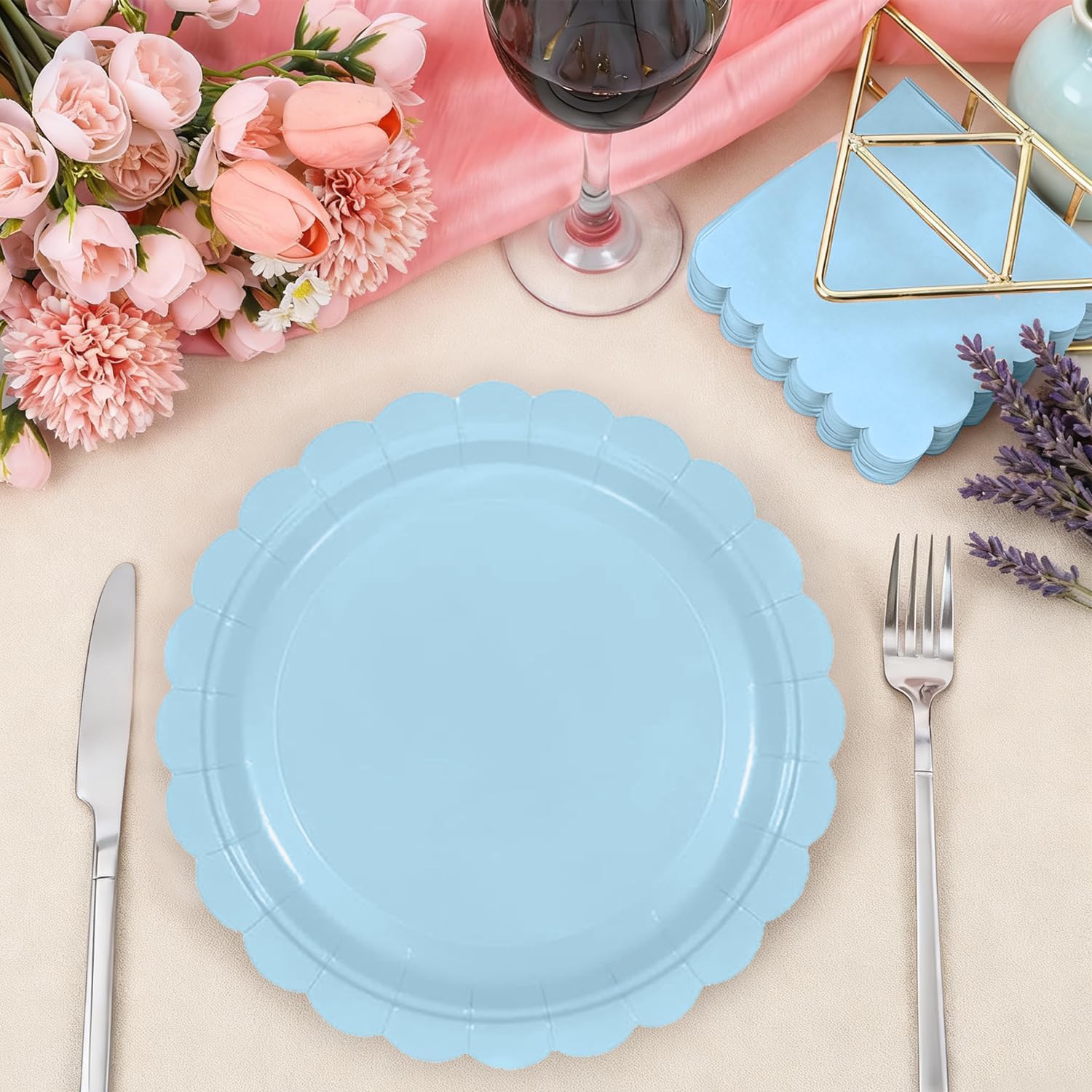 50 Pcs Light Blue Plates and Napkins Party Supplies - Blue Disposable Scalloped Paper Plates & Napkins for Baby Shower, Wedding, Birthday Party Decorations, Serves 25