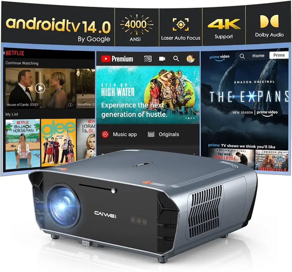 Projetor Inteligente 4K com Google TV 4000 Lúmens ANSI, Áudio Dolby, Foco Auto ToF, HDR10+, WiFi 6, Bluetooth e HDMI ARC, Ideal para Cinema em Casa, Jogos, Partidas de Futebol, Reuniões e Treinamentos