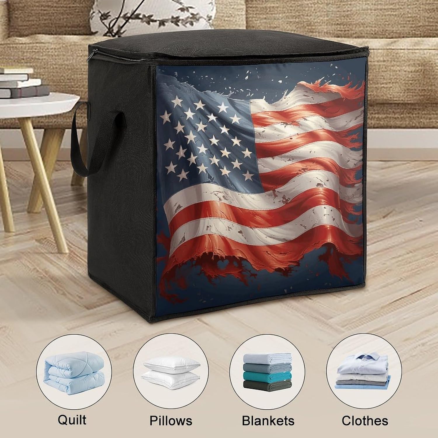 Clothes Storage Bag Personalized Durable Foldable Large Toy Storage Bags with Zipper Moving Bags Luggage Organizer Stars And Stripes Printed Bags image 3