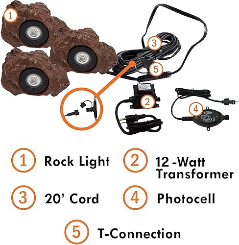 Miniatura 2 de Ignite Iluminación de paisaje Luz de roca de 1.5 vatios (3) con transformador de 20 vatios para iluminación de paisajes, estanques y características