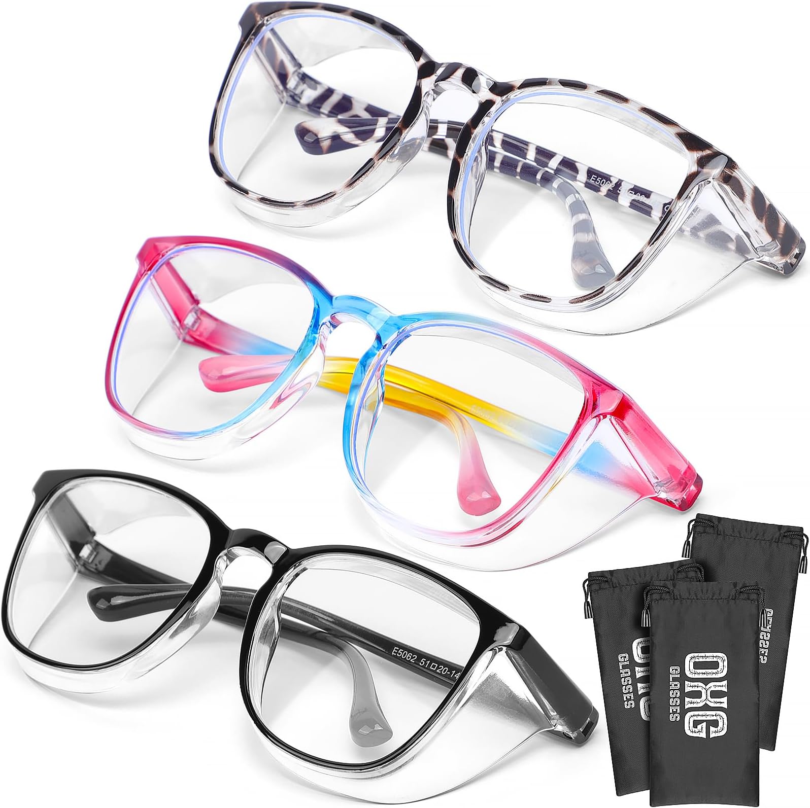 OXG 3 Pack Stylish Safety Glasses, ANSI Z87+ Anti Fog Safety Goggles Blue Light Blocking Protective Eyewear for Nurses