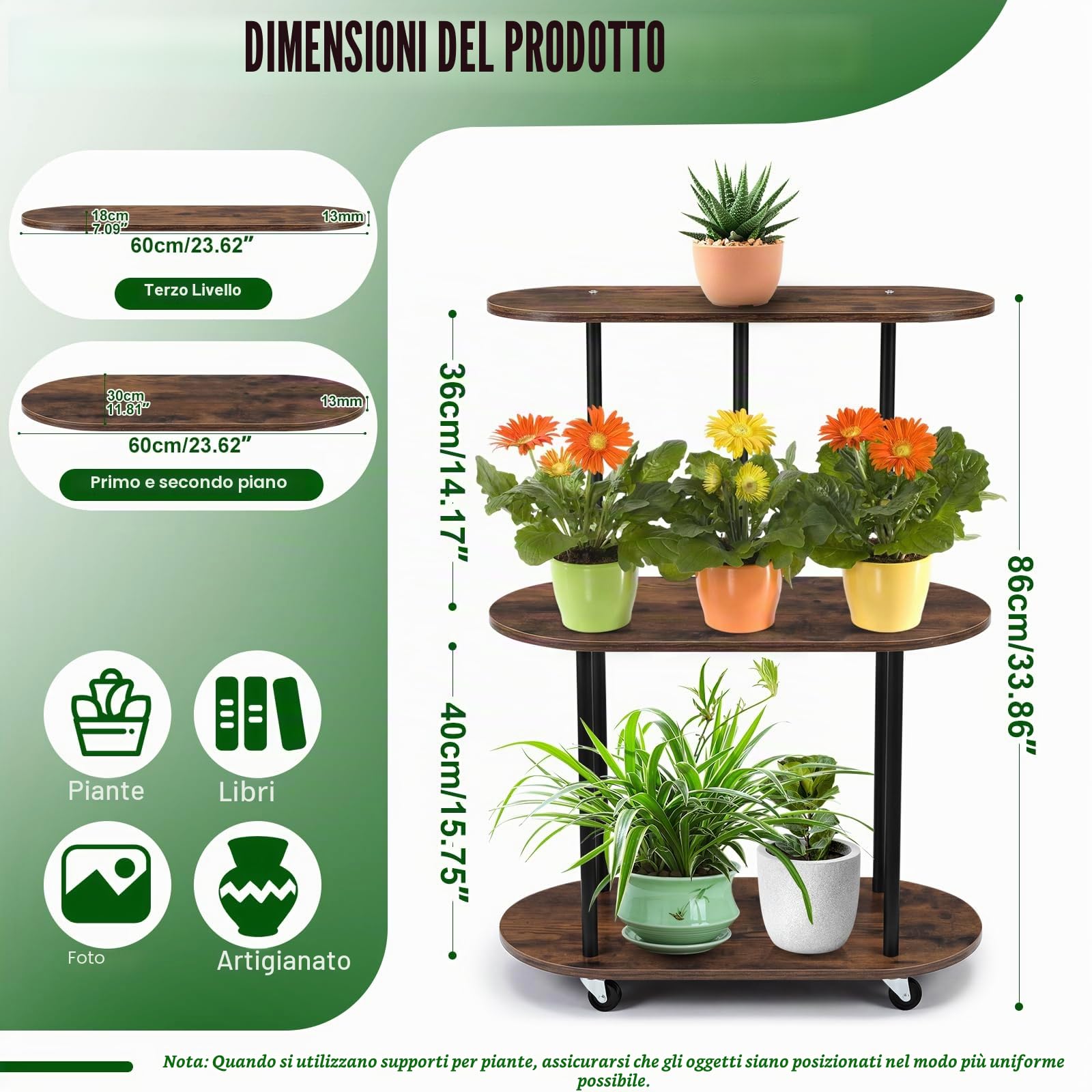 Scaffale per Piante 3 Ripiani con Ruote, Supporto Piante in Metallo e Legno, Porta Piante Interno 90 cm Alto per Soggiorno Balcone Cucina, Portavasi Salvaspazio Stabile