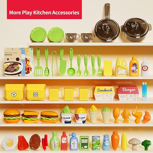 Miniatura 6 de Juego de cocina para niños, cocina de juego con estufa, parrilla, fregadero, comida de juguete, accesorios de cocina, cocina con luces de vapor